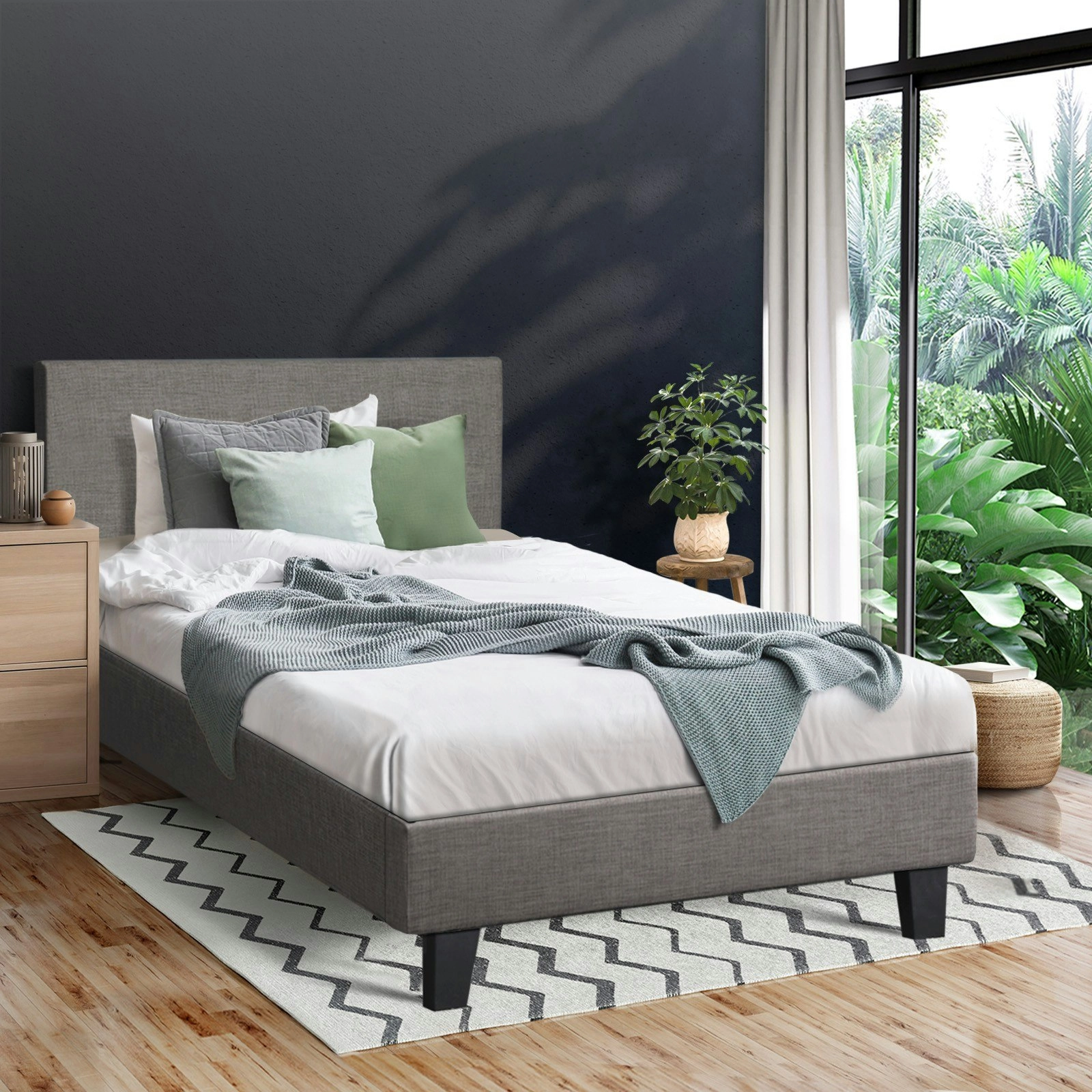 Oikiture Bed Frame Single Size Mattress Base Platform Wooden Slats Grey Fabric