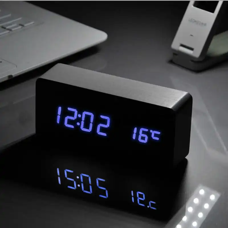 TODO Blue Led Wooden 3 Alarm Clock + Temperature Display Usb/Battery Wood Black 6035