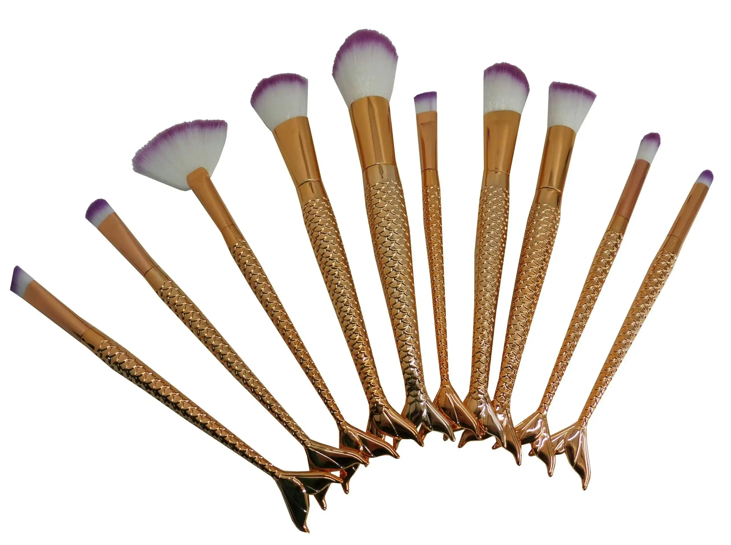 10 Piece Mermaid Tail Brush Set Professional Fiber Makeup Brush Multi Task Gold Brushes