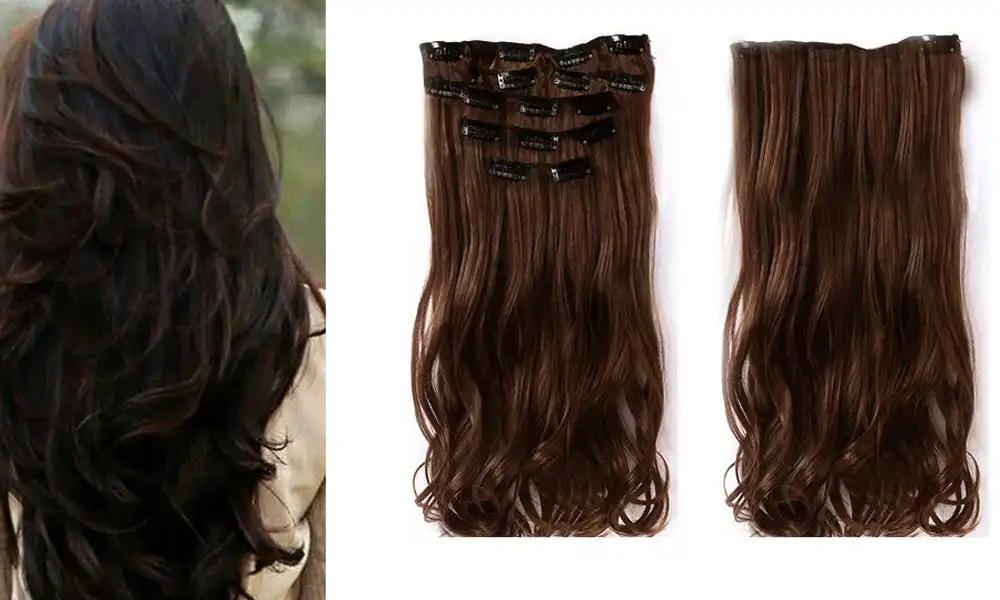 2Pcs 24" Wavy High Grade Synthetic Hair Extension Dark Brown 7Piece 16Clips 2X
