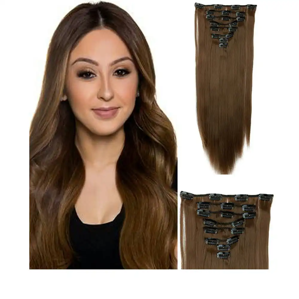 2Pcs High Grade Light Brown Synthetic Hair 7Piece 16Clips 22"  Straight Clip On 2X