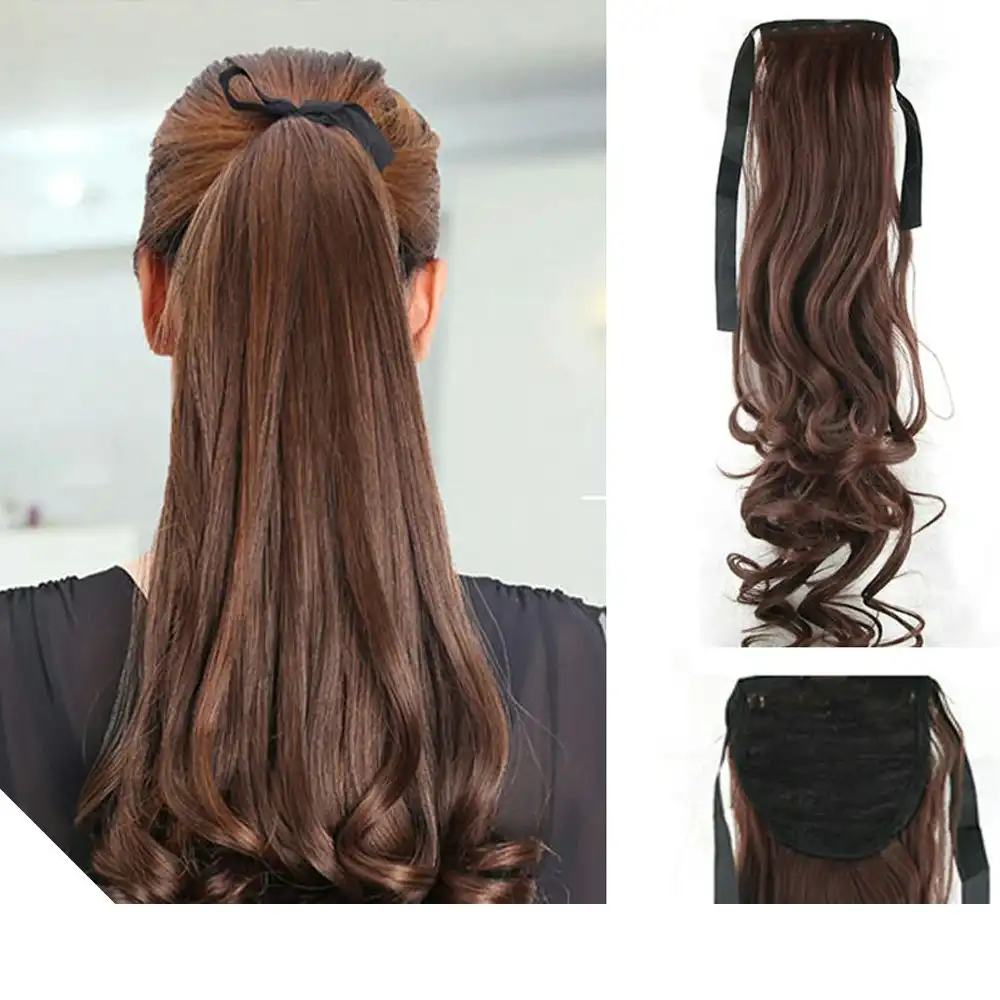 2Pcs High Grade Synthetic 22" Hair Extension Ponytail Brown Curly Pony Wavy 2X