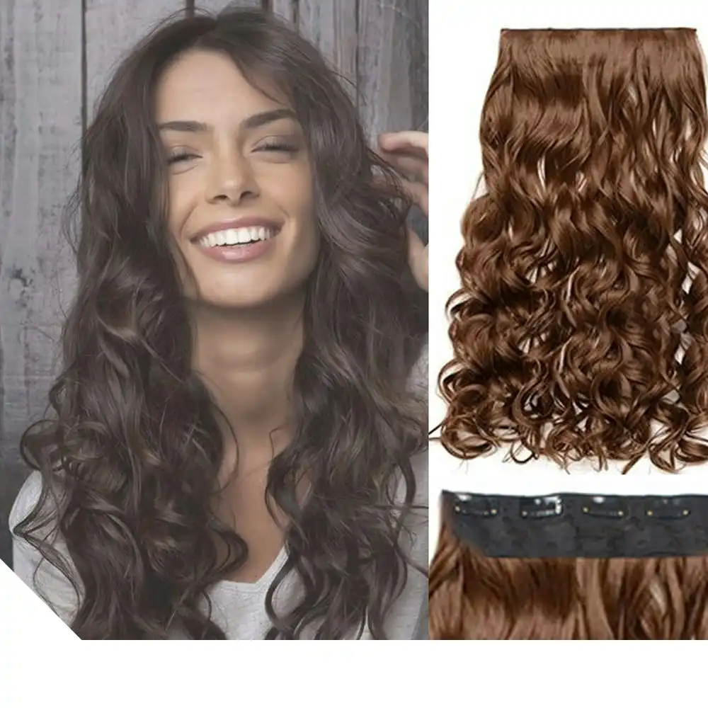 2Pcs Light Brown 22" High Grade Synthetic Hair Clip-In Wavy Curly Extension 5 Clips 2X