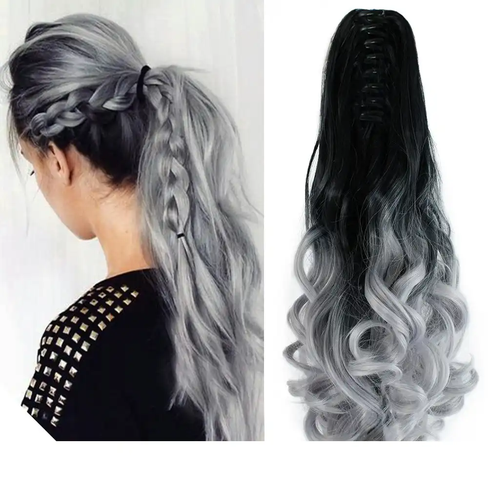 2Pcs Two Tone Ombre High Grade Silver Gray Curly Clip On Pony Tail 24" Hair Clamp09 2X