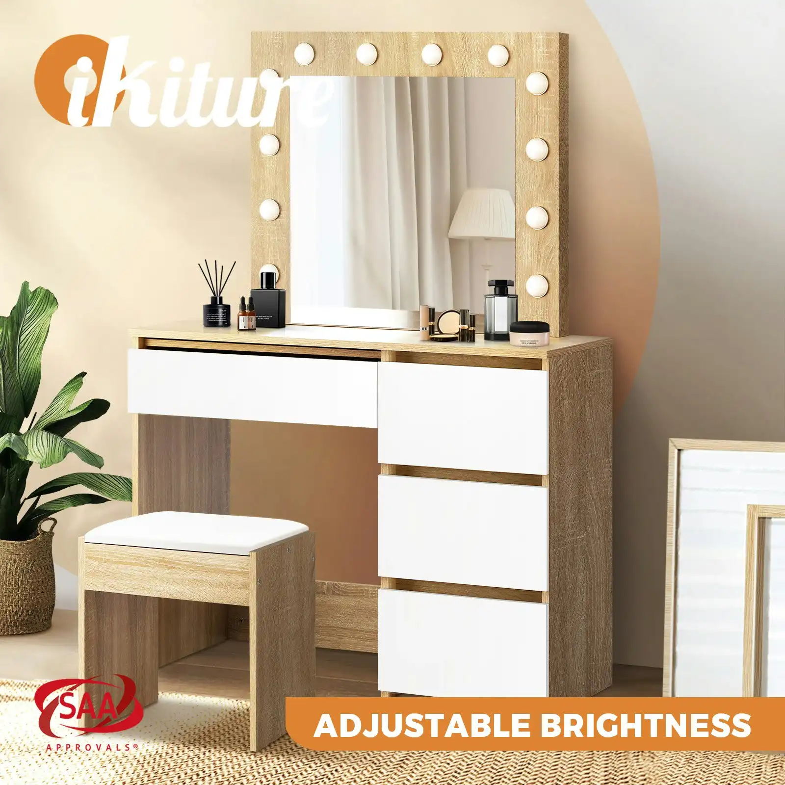 Oikiture Dressing Table Stool Set Makeup Desk Mirror Storage Drawer 12 LED Bulbs Wooden
