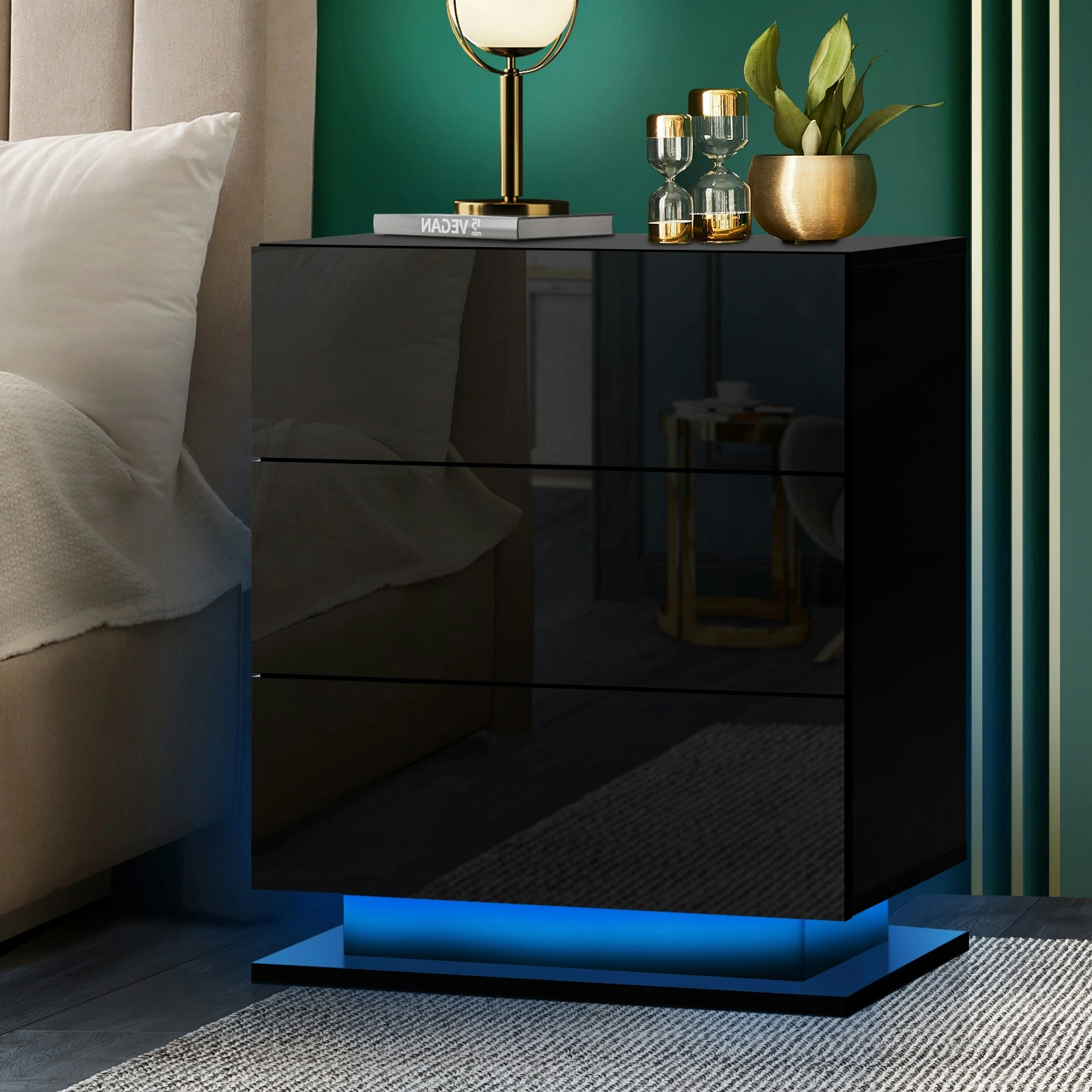 Oikiture Bedside Table RGB LED Nightstand Cabinet 3 Drawers Black Side Table Furniture