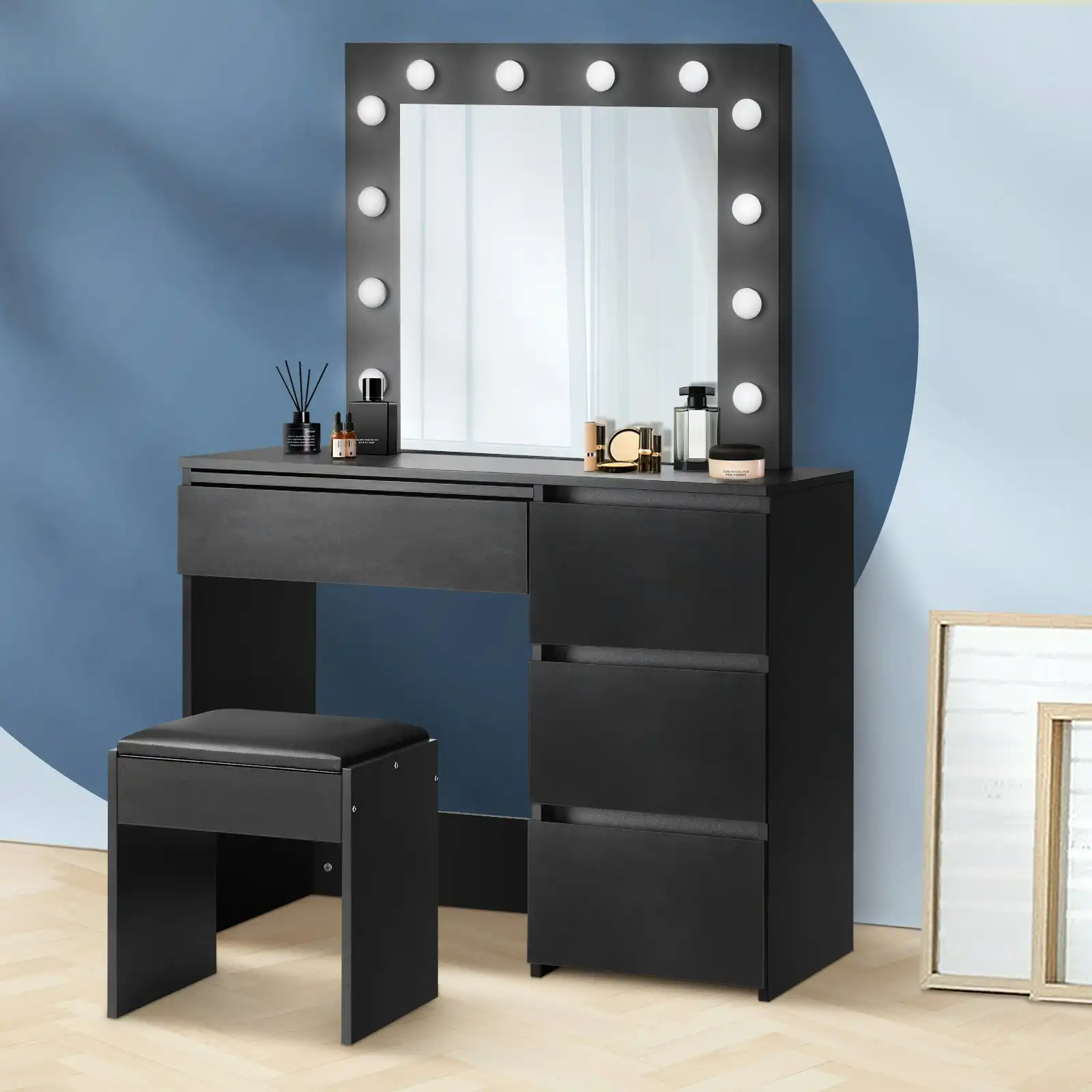 Oikiture Dressing Table Stool Set Makeup Desk Mirror Storage Drawer 12 LED Bulbs Black