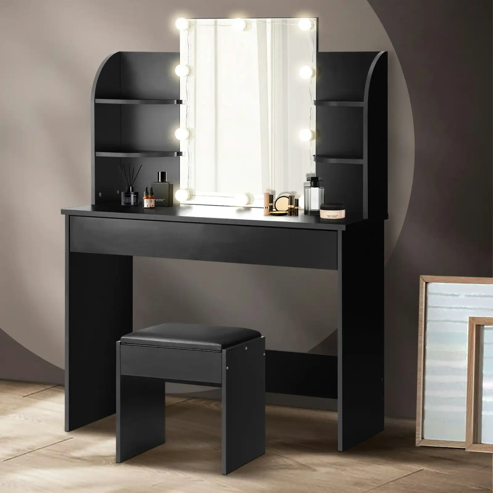 Oikiture Dressing Table Stool Set Makeup Mirror Storage Drawer 10LED Bulbs Black