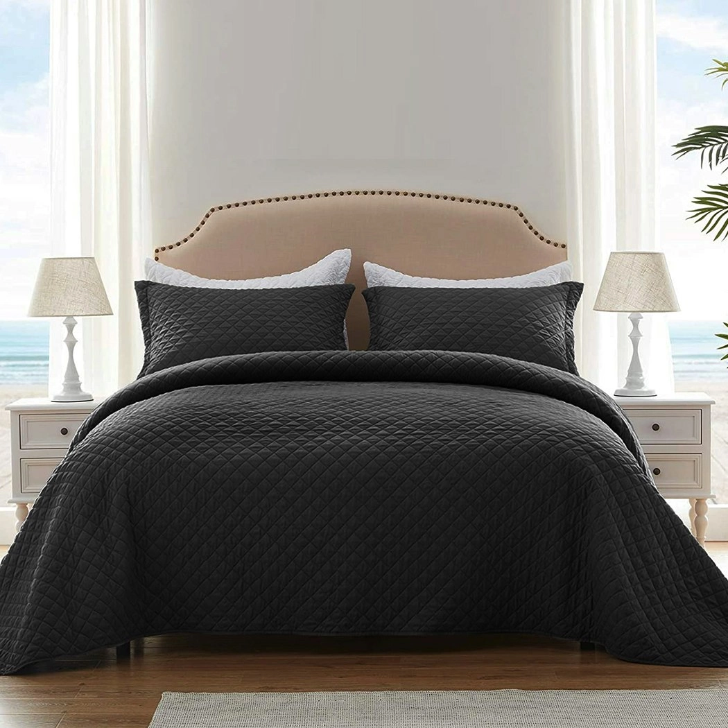 Dreamz Bedspread Coverlet Set Quilted Blanket Soft Pillowcases King Dark Grey