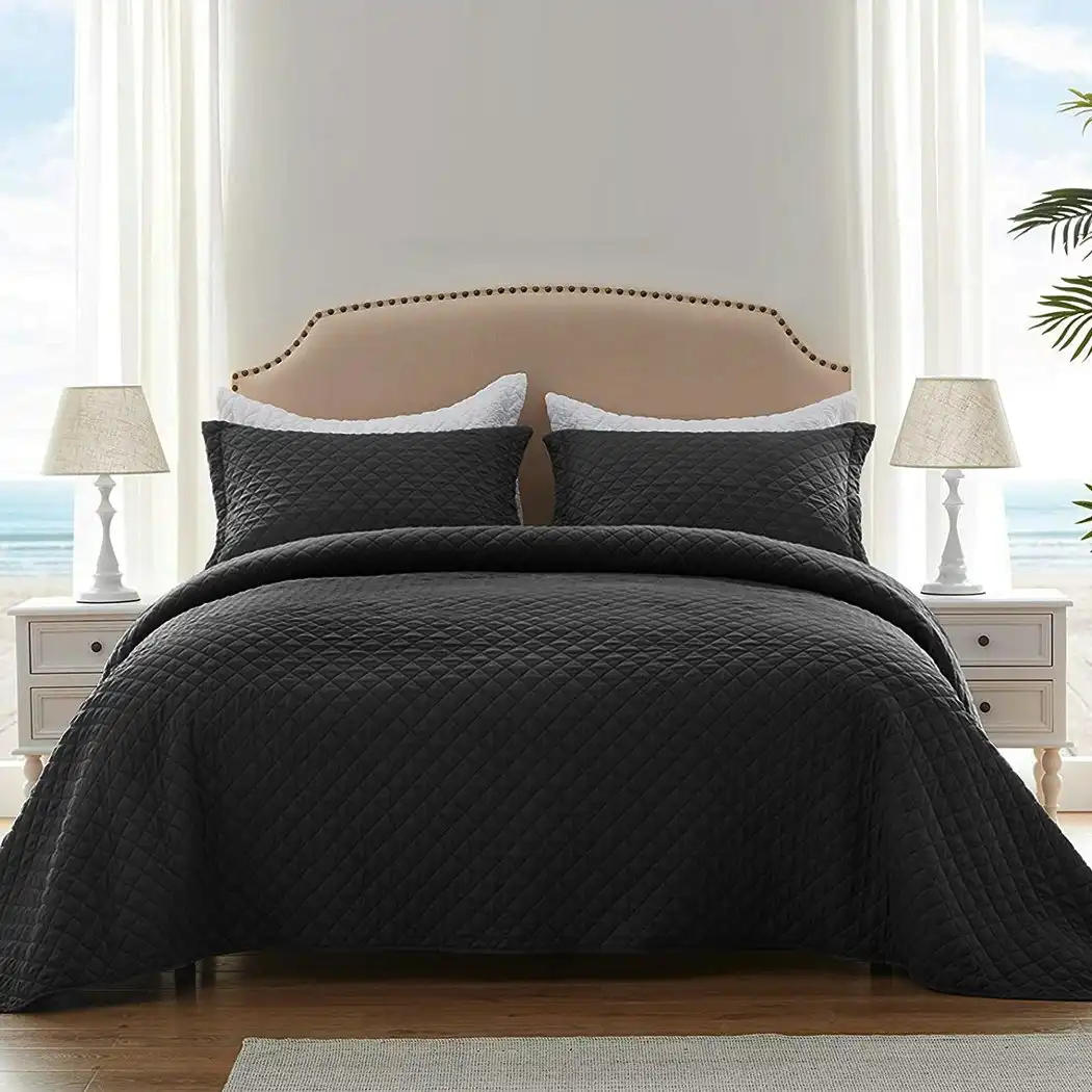 Dreamz Bedspread Coverlet Set Quilted Blanket Soft Pillowcases Queen Dark Grey