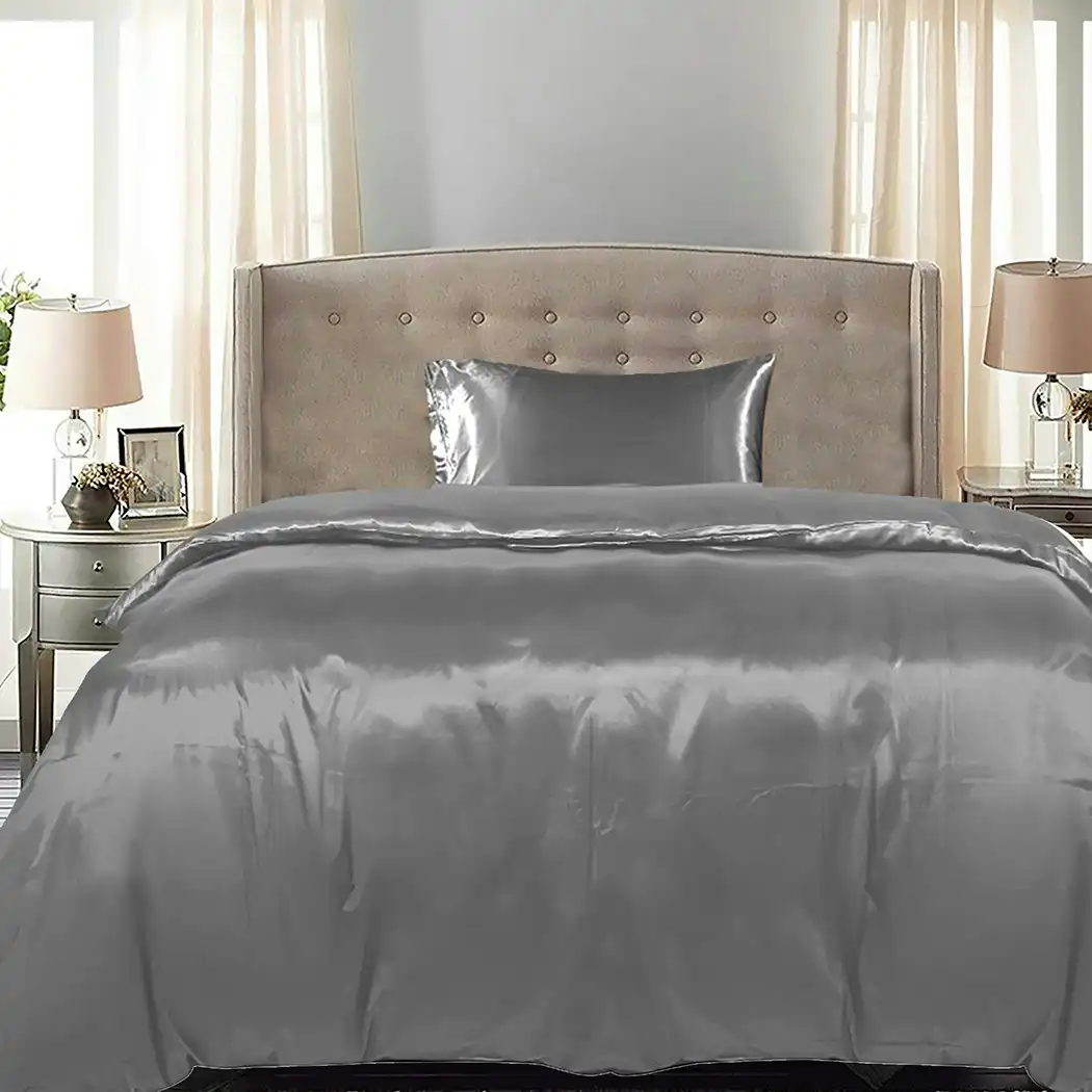 Dreamz Silky Satin Quilt Cover Set Bedspread Pillowcases Summer Single Grey