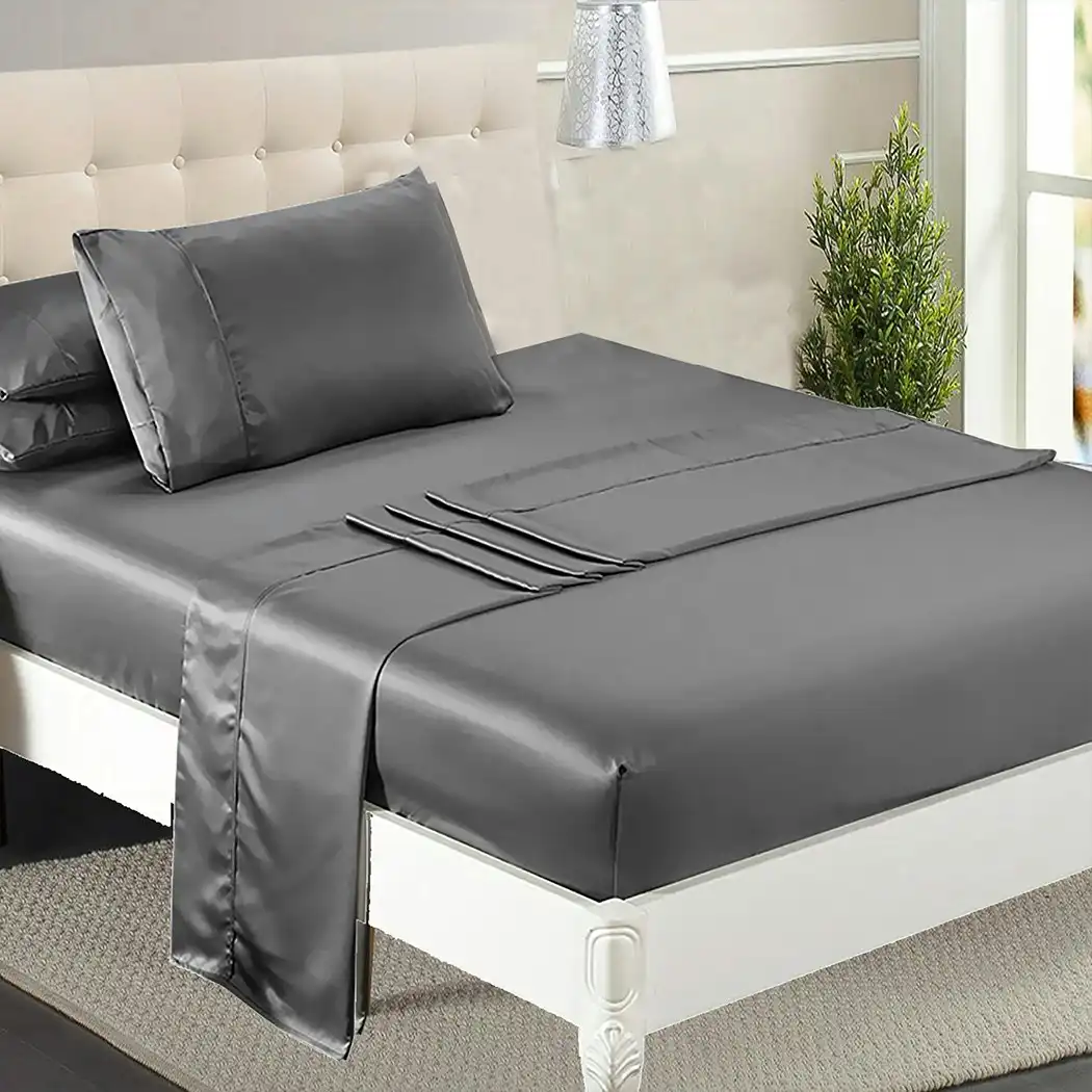 Dreamz Silky Satin Sheets Fitted Flat Bed Sheet Pillowcases Summer Single Grey