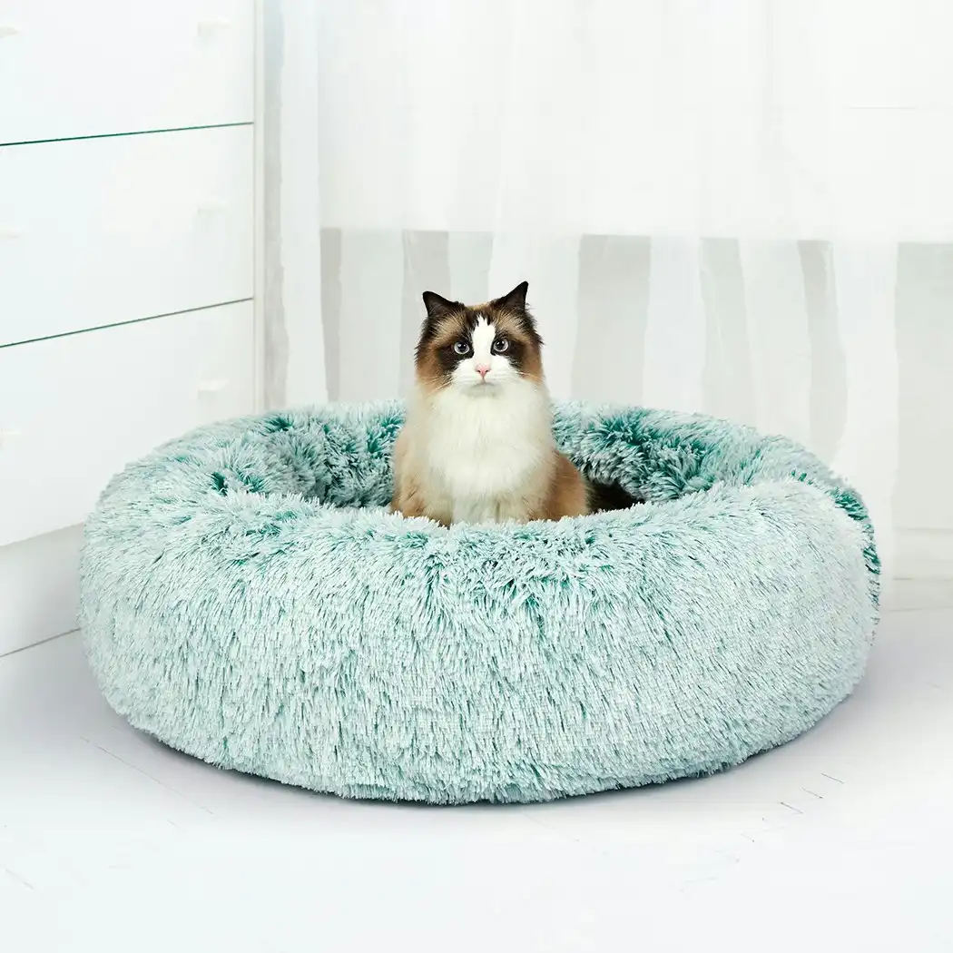 Pawz Pet Bed Cat Dog Donut Nest Calming Mat Soft Plush Kennel Teal M