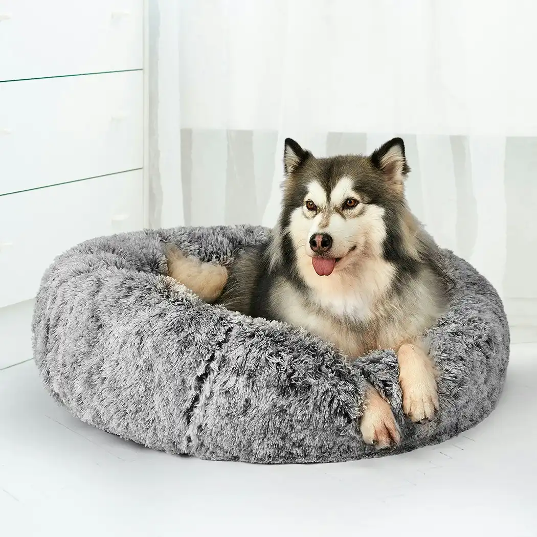 Pawz Pet Bed Cat Dog Donut Nest Calming Mat Soft Plush Kennel Charcoal Size M