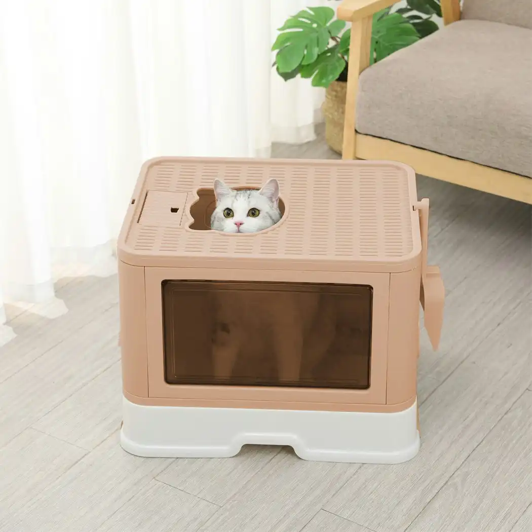 Pawz Foldable Cat Litter Box Tray Enclosed Kitty Toilet Hood Hair Grooming Pink