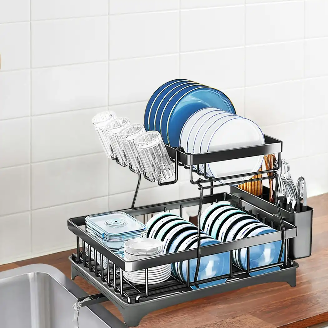 Toque Detachable Dish Drying Rack Cutlery Organizer Drainer Board  2 Tier Black