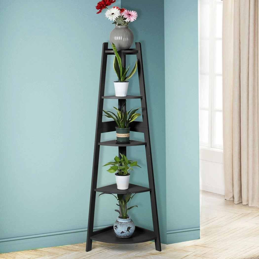 Levede 5 Tier Corner Shelf Wooden Storage Home Display Rack Plant Stand Black