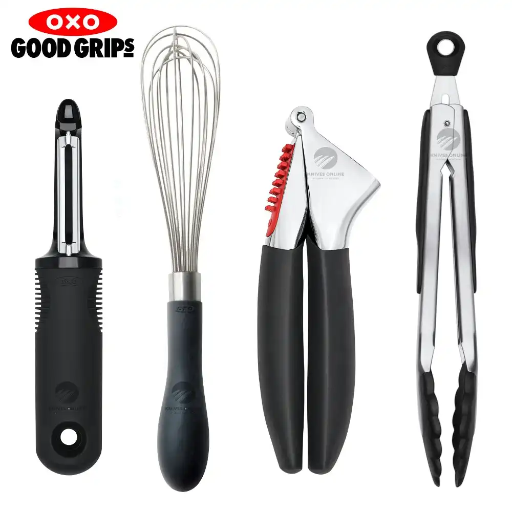 OXO Good Grips 4 Piece Kitchen Essentials Set 4pc Peeler Wisk Tongs Garlic Press