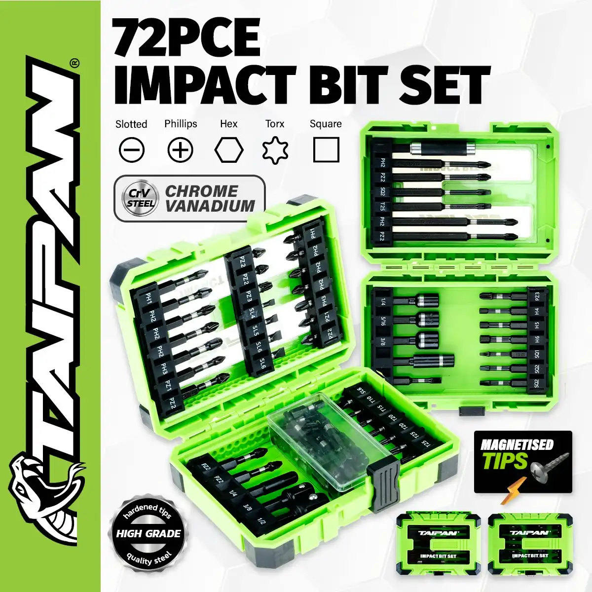 Taipan 72PCE Impact Bit Set Magnetic Tips Various Heads Storage Case
