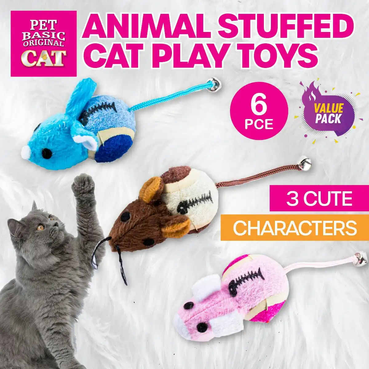Pet Basic 6PCE Cat Toys Exciting Entertaining Fun Play Various Characters 7cm