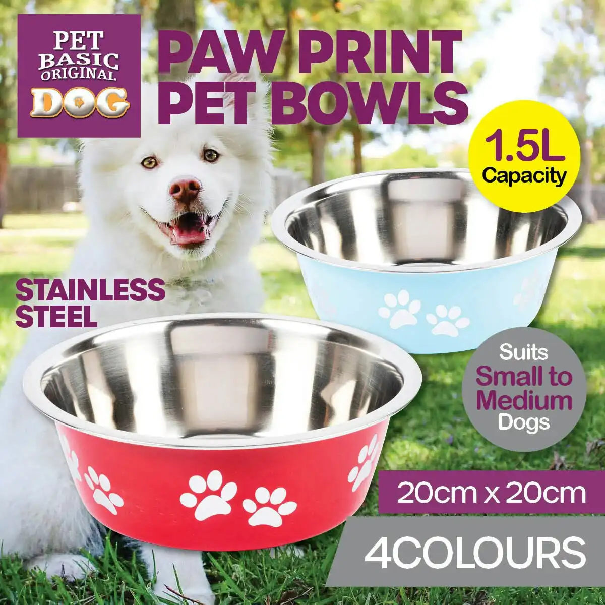 Pet Basic 2PCE Stainless Steel Bowls Paw Print Design 4 Colours 1.5 Litre
