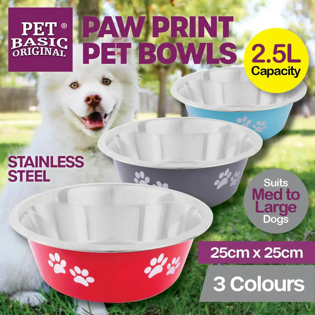 Pet Basic 2PCE Stainless Steel Large Bowls 25cm Paw Print Design 2500ml