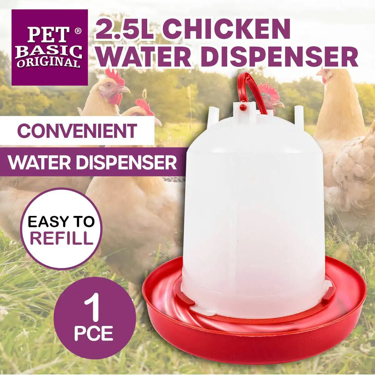 Pet Basic Chicken Water Dispenser 2.5L Large Easy Refill Carry Handle 22x24CM