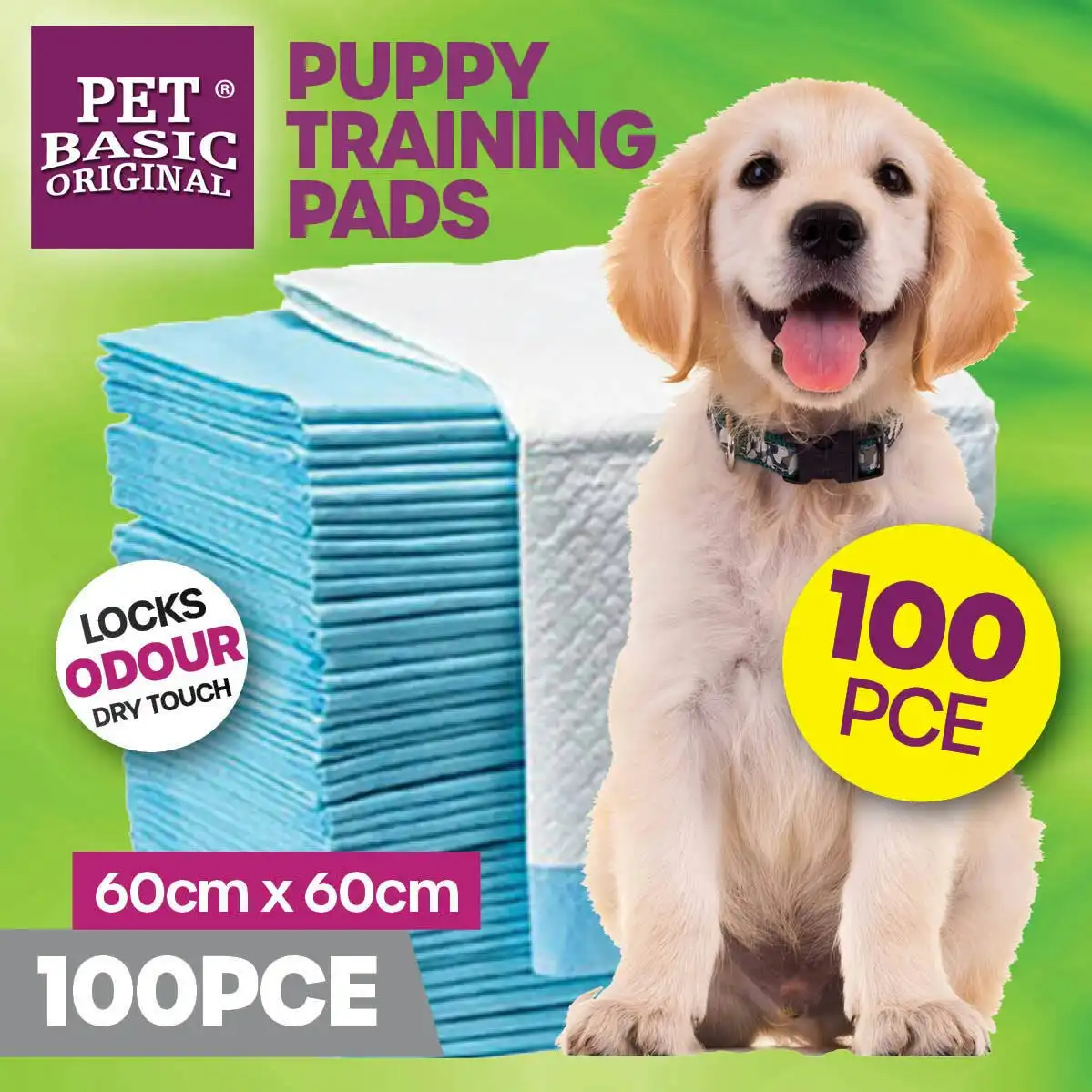 Pet Basic 100 Pack Puppy Dog Training Pads Large 60cm x 60cm Super Absorbent