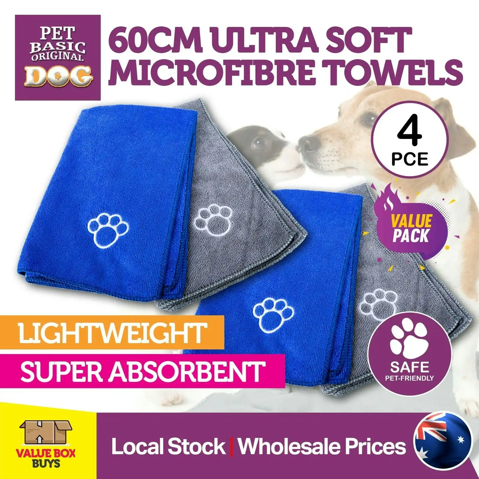 Pet Basic 4PK Microfibre Dog Towel Soft Lightweight Super Absorbent 60 x 40cm