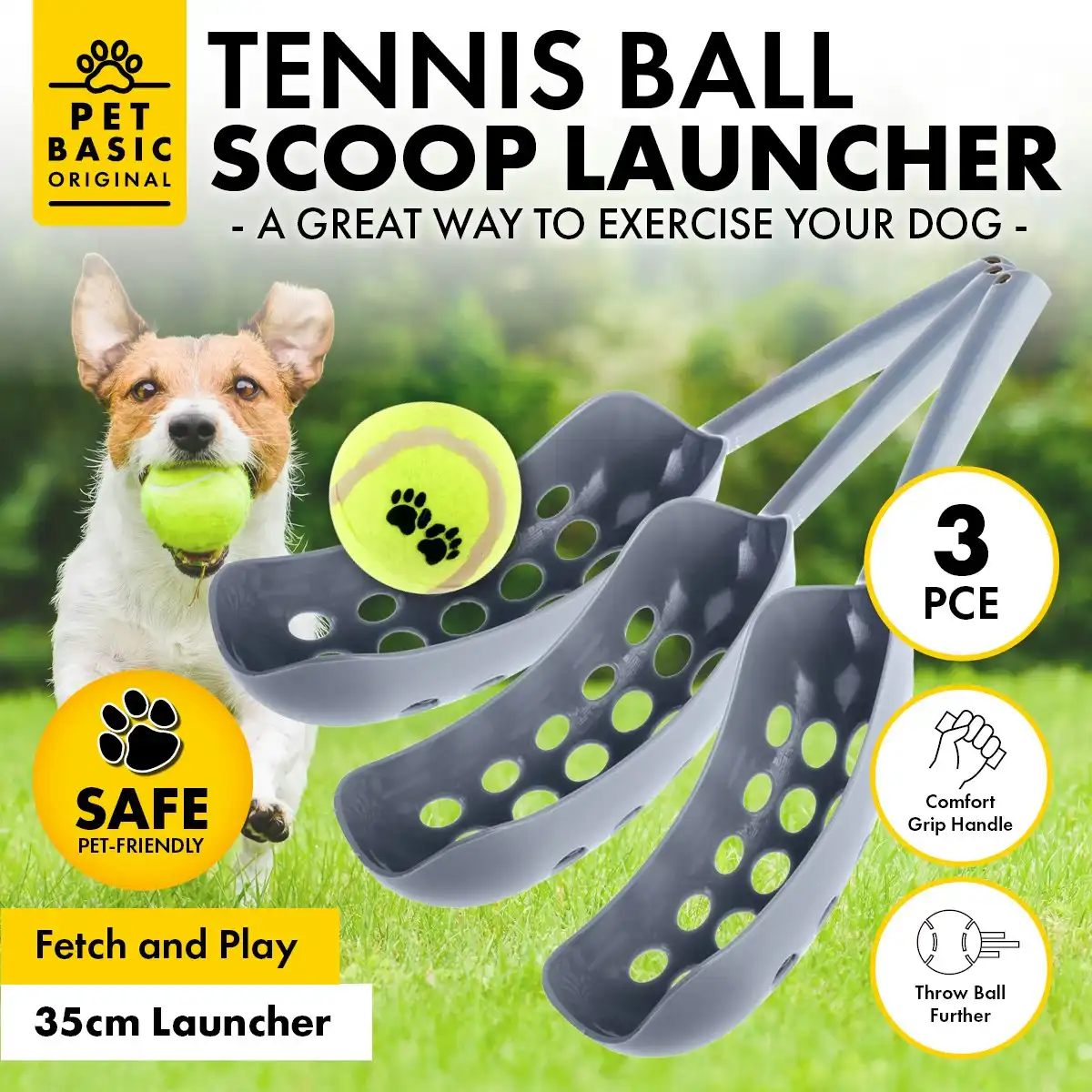 Pet Basic 3PK Dog Tennis Ball Scoop Launcher Fun Play Fetch Lightweight 35cm