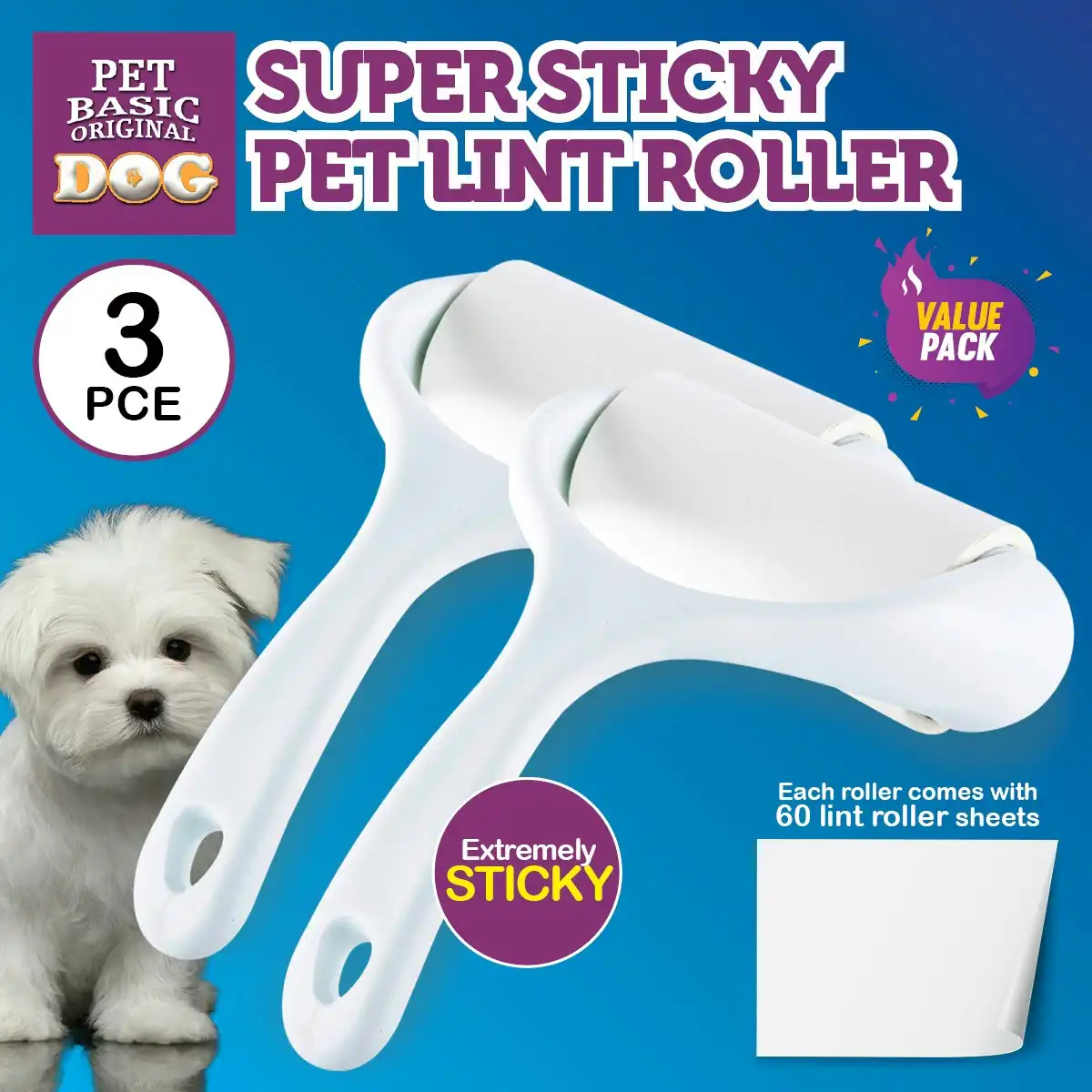 Pet Basic 3PCE Premium Fur Lint Roller Dog/Cat Super Sticky Easy Peel
