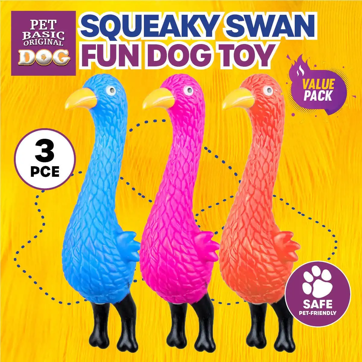 Pet Basic® 3PK Dog Toys Squeaky Swans Fun Playtime Stimulating 22cm