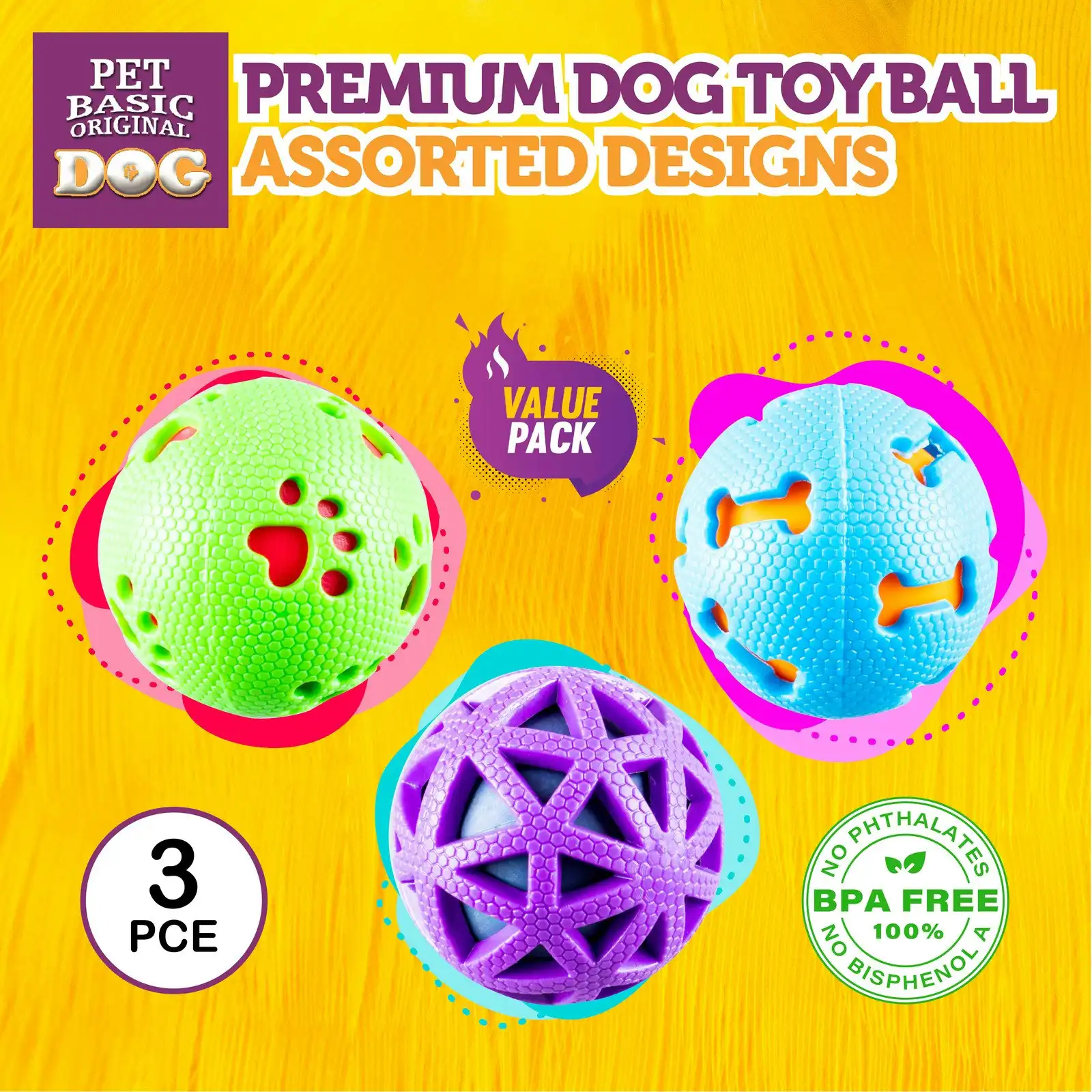 Pet Basic 3PK Dog Toy/Balls Premium Quality Hidden Squeaker Playtime Fun 7cm