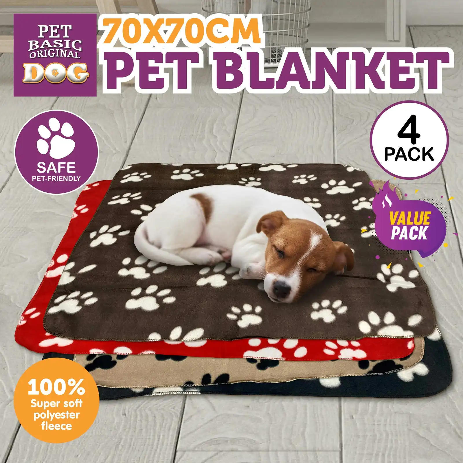 Pet Basic 4PK Dog Blanket Super Soft Machine Washable Paw Design 70 x 70cm