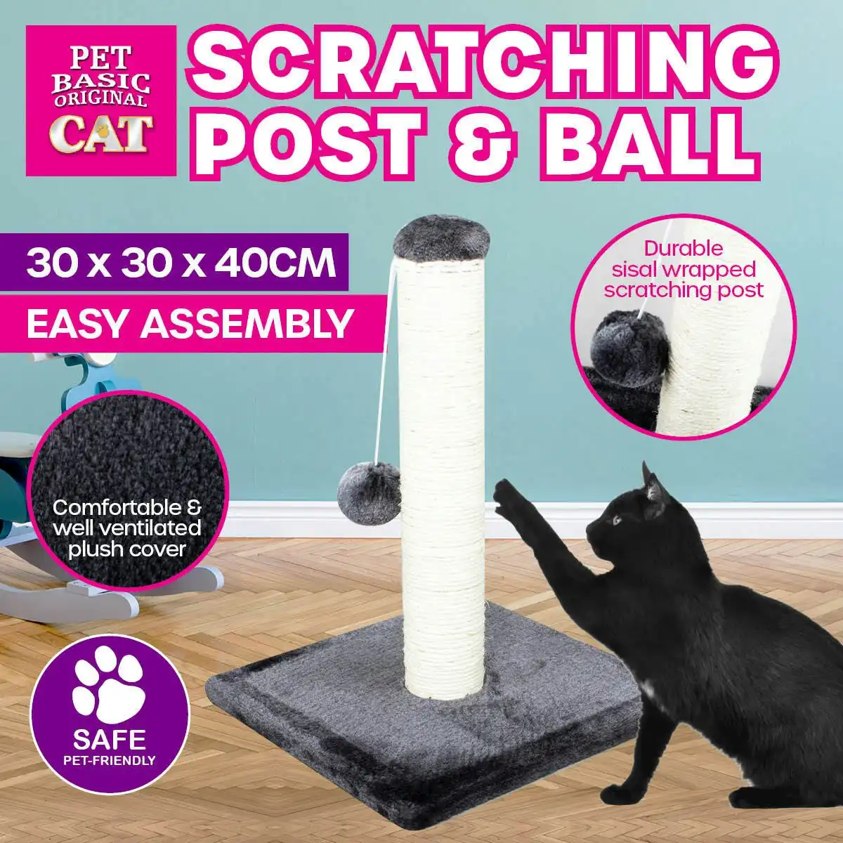 Pet Basic Cat Scratching Post & Ball Fun Play Scratch Easy Assembly 30 x 40cm