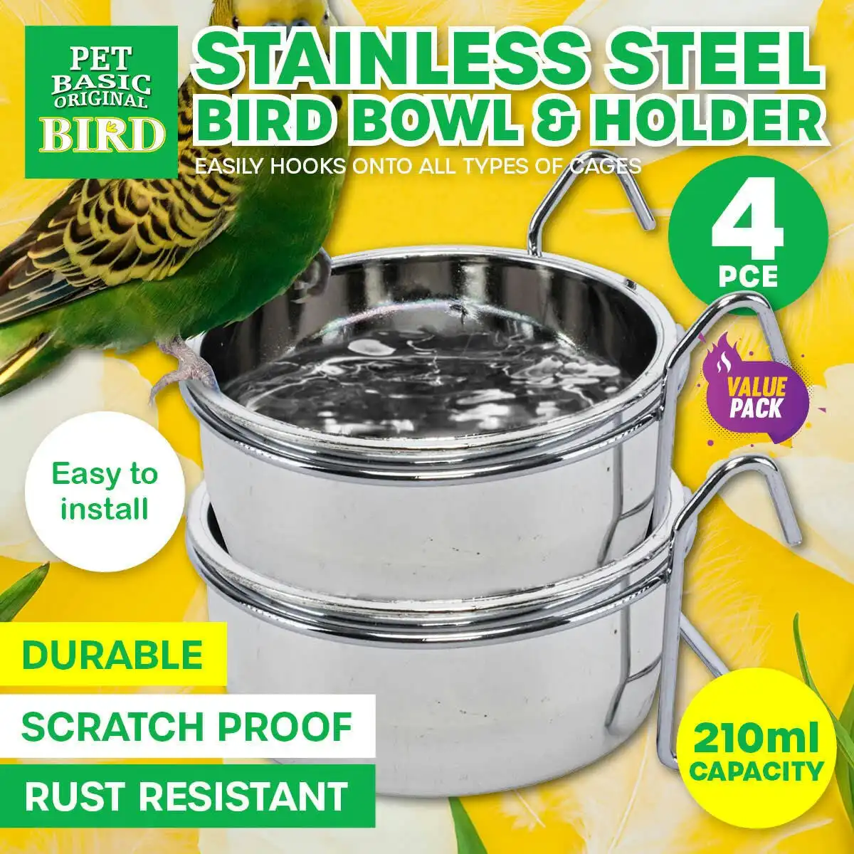 Pet Basic 4PCE Bird Bowls & Holders Food Water Spill & Rust Proof 210ml