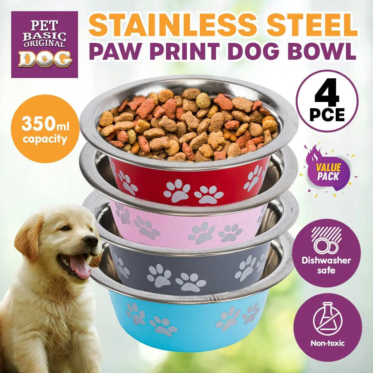 Pet Basic 4PCE Dog Bowl Stainless Steel Paw Print Design Durable 350ml