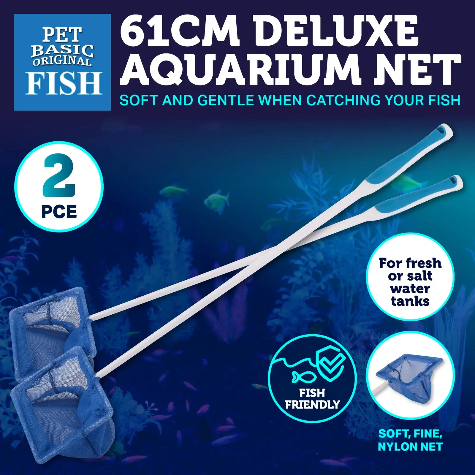 Pet Basic 2PK Aquarium Fish Net Safe Gentle Soft Secure Blue Mesh Netting 61cm