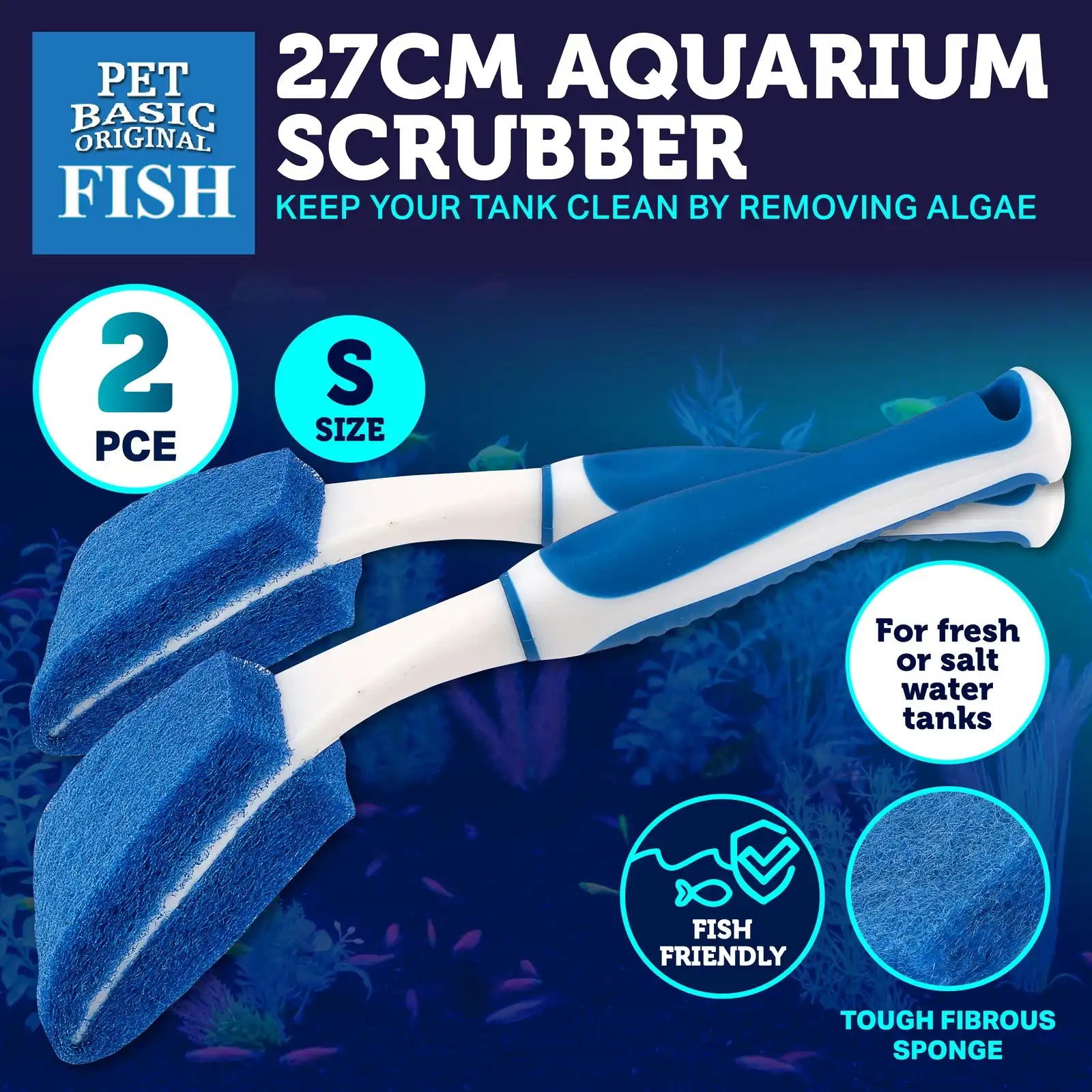 Pet Basic 2PK Aquarium Scrubber Tough Sponge/Scourer Cleaner Durable 27cm