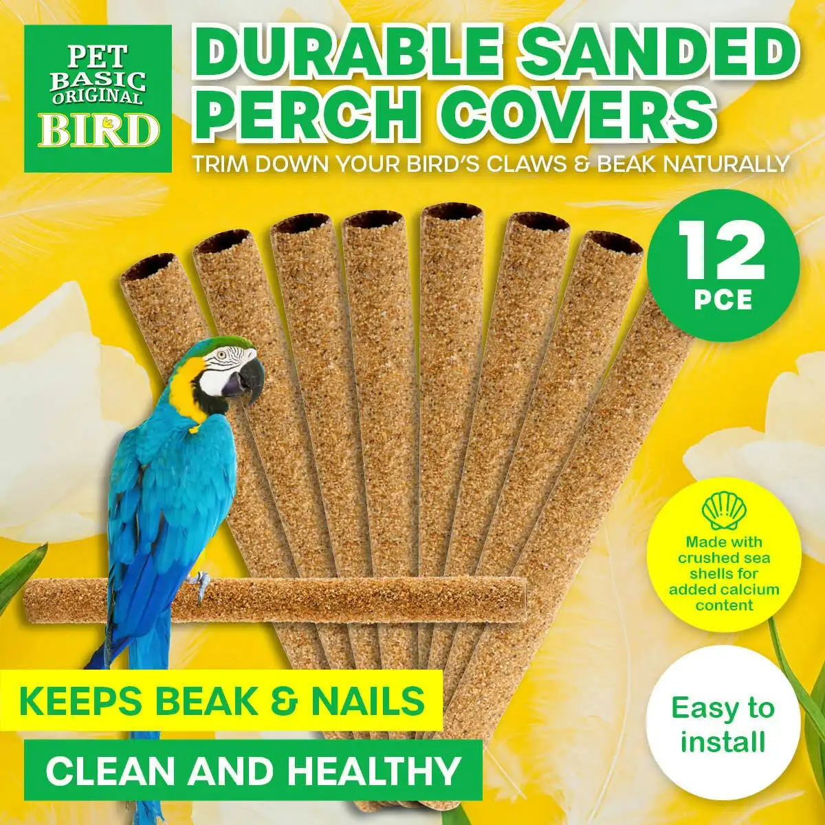 Pet Basic 12PCE Perch Covers Sanded Crushed Sea Shell Healthy Claws/Beak 25cm