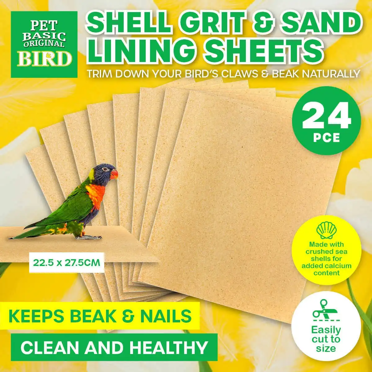Pet Basic 24PCE Cage Liner Sheets Shell and Sand Grit Healthy Claws/Beak