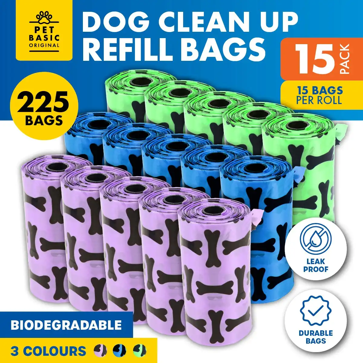 Pet Basic 225PCE Dog Waste Clean Up Refill Bags Coloured Strong Leak Proof