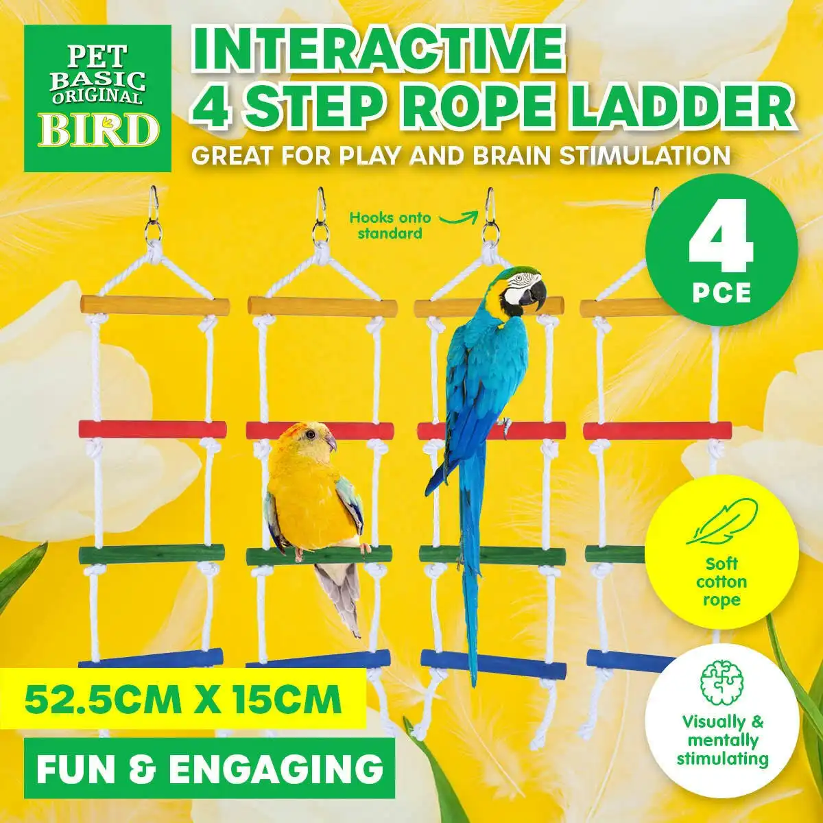 Pet Basic 4PCE Bird/Parrot Interactive Step Rope Ladder Play Time Fun 52.5cm