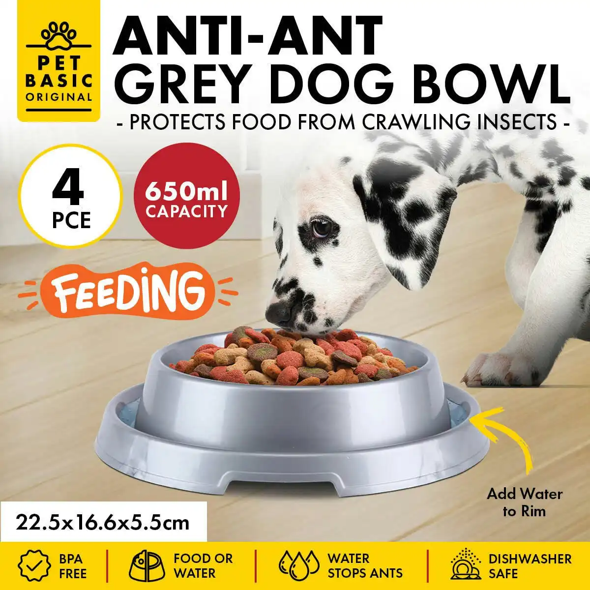 Pet Basic 4PCE Dog Bowl Ant Proof Designed Rim Durable Non-Slip Base 22.5cm