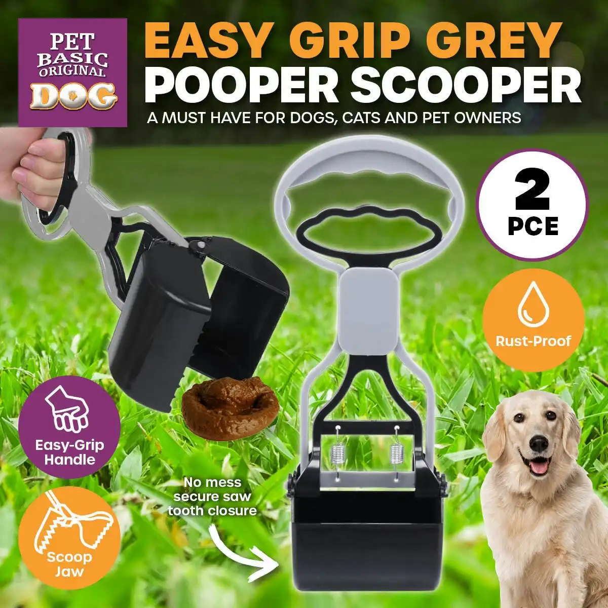 Pet Basic 2PCE Pooper Scooper Easy Squeeze Grip Handle Scoop Jaw Closure 28cm