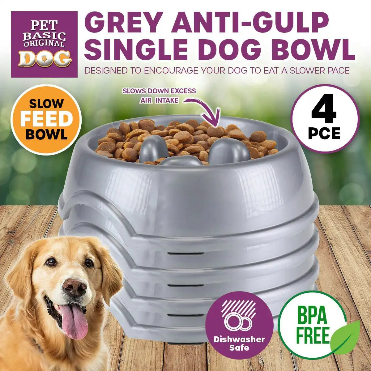 Pet Basic 4PCE Anti-Gulp/Over-Eating Bowl Promotes Healthy Digestion 18.5cm
