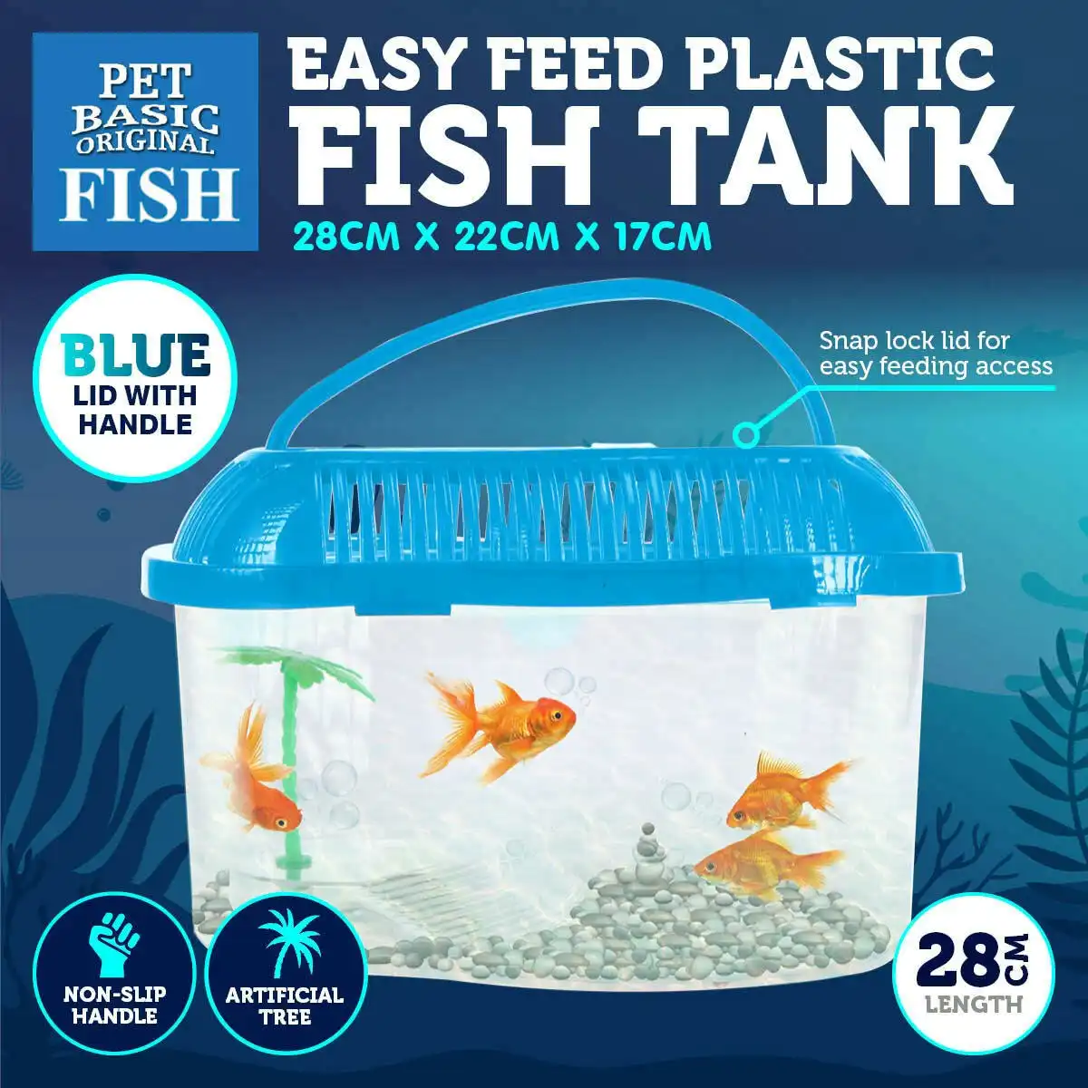 Pet Basic Plastic Fish Tank Blue Artificial Palm Tree Snap Lock Lid 28cm