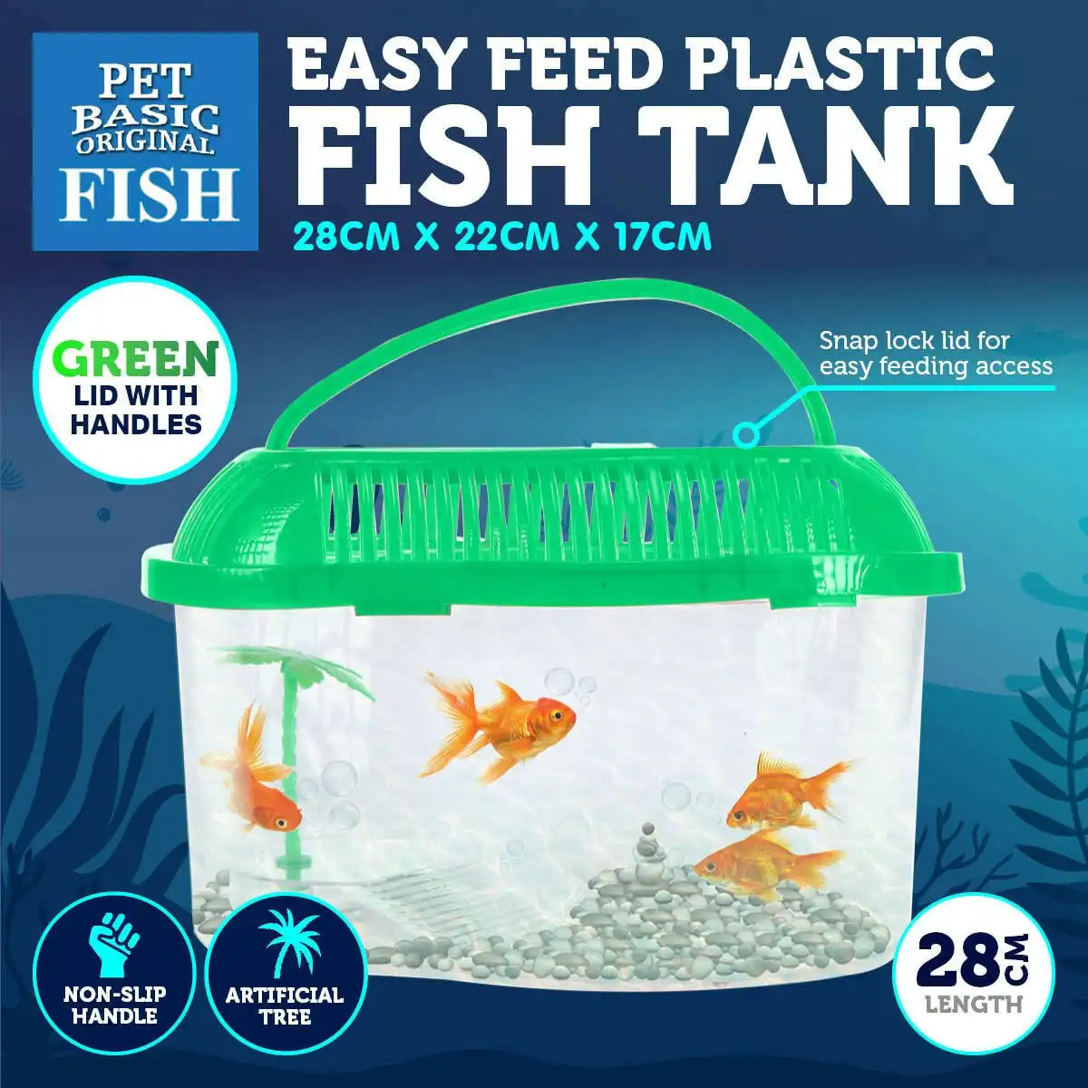 Pet Basic Plastic Fish Tank Green Artificial Palm Tree Snap Lock Lid 28cm
