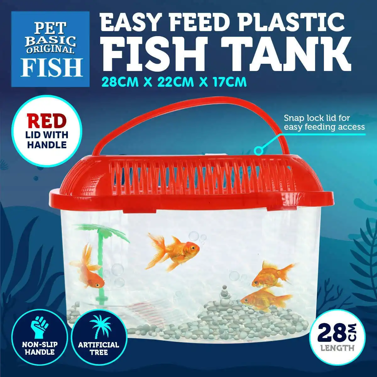 Pet Basic Plastic Fish Tank Red Artificial Palm Tree Snap Lock Lid 28cm