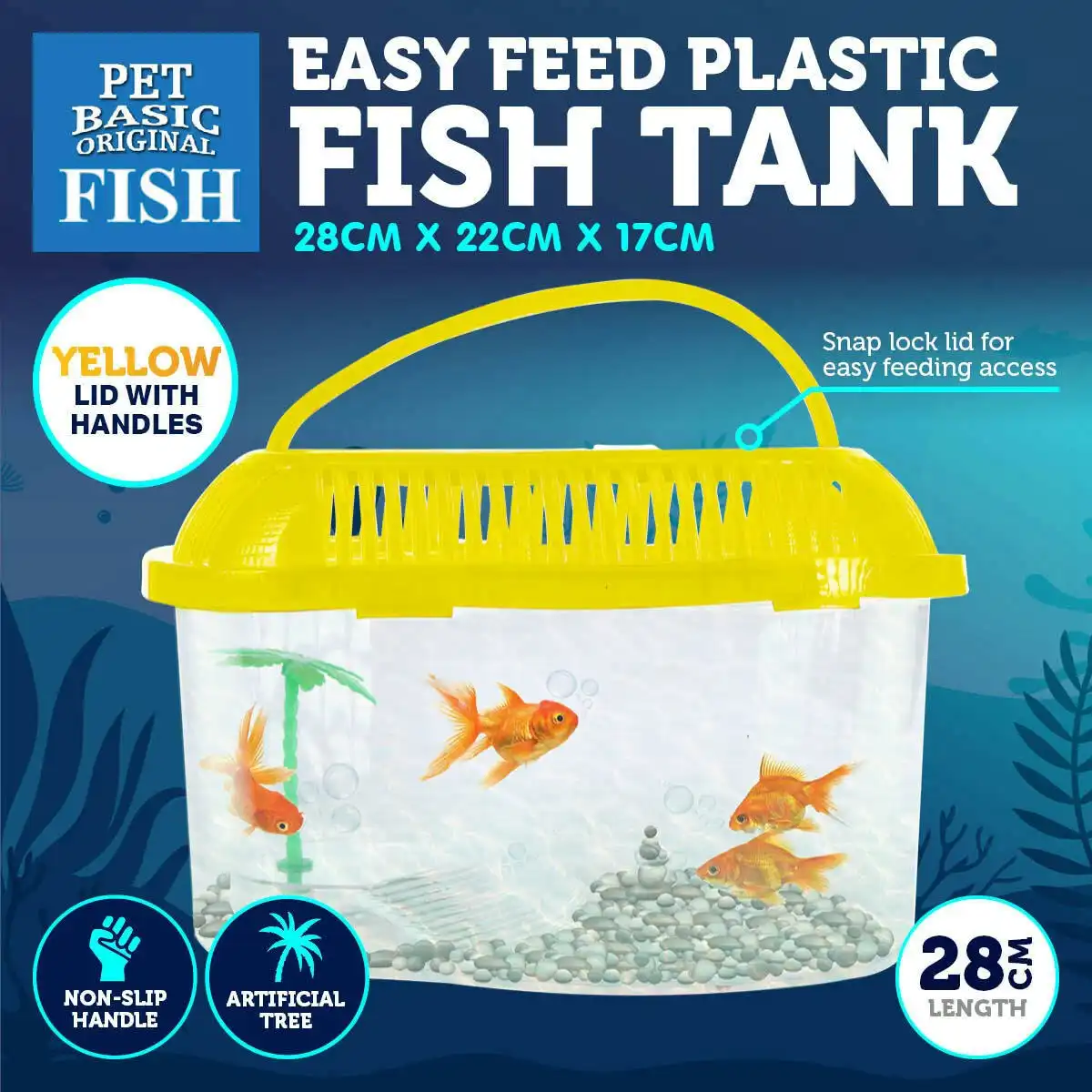 Pet Basic Plastic Fish Tank Yellow Artificial Palm Tree Snap Lock Lid 28cm